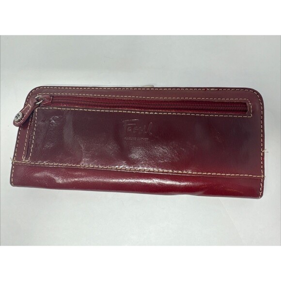 Fossil Clutch Wallet Red Leather Silver Kiss Lock Card Holder Vintage Burgundy - Picture 1 of 7